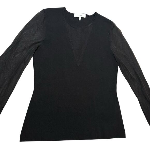 Reiss Venus Sheer Sleeve Plunge Top Black Mesh Panels Long Sleeve - Size Large - Picture 1 of 13